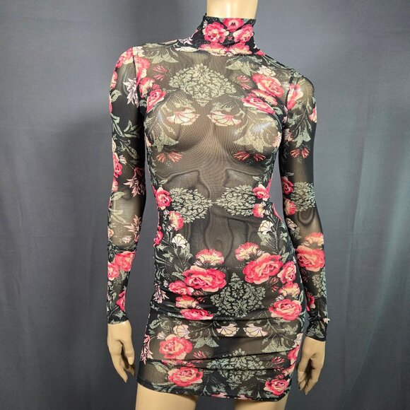 Y2K GUESS Black Floral Sheer Mesh Mini Dress Size XS Long Sleeve Gothic Fairy - Picture 1 of 9
